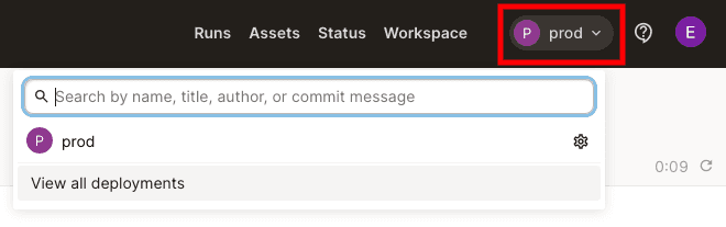 The deployment switcher in Dagster+